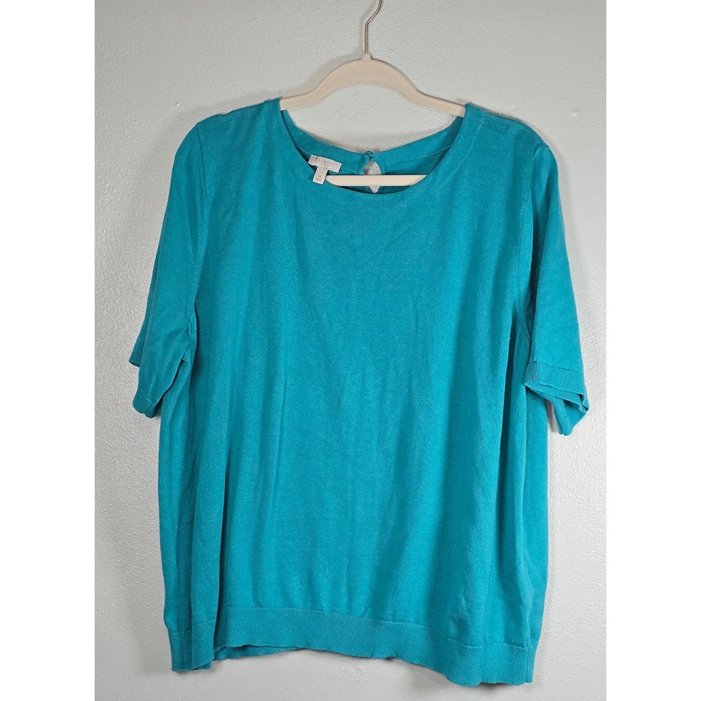 Talbots Woman 3X Short Sleeve Sweater Turquoise Blue 100% Cotton Keyhole Back